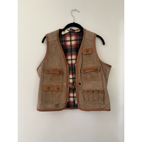 VTG Brittania Leather Suede Cargo Safari Utility Hunting Western Vest Flannel L - Picture 2 of 8